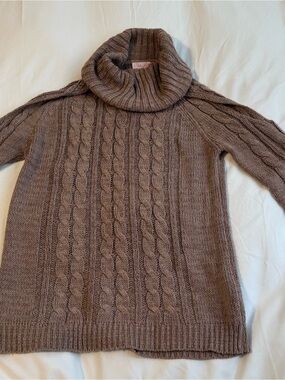 Pink Lily Cable Knit Turtleneck Sweater in Taupe Brown